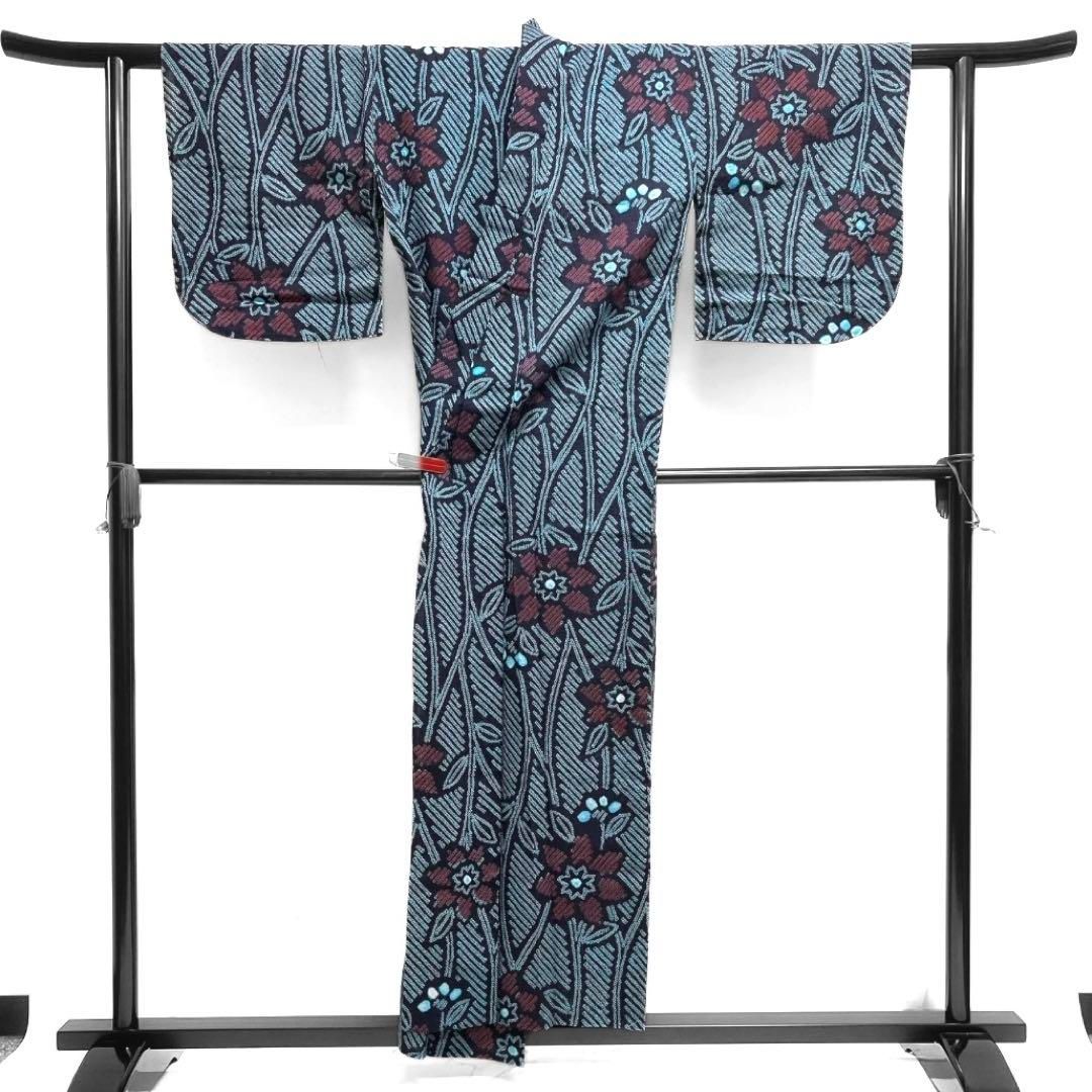 浴衣 有松鳴海絞り 藍染 花模様 蔦 ターコイズブルー 着物 035a d