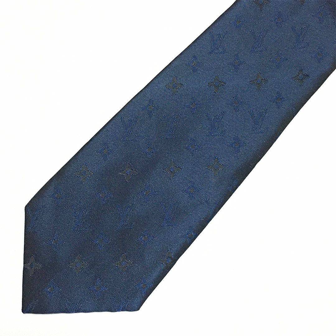 美品 LOUIS VUITTON ネクタイ モノグラム シルク ネイビー ルイヴィトンモノグラムハーロー ネクタイ ネイビー メンズ シルク100