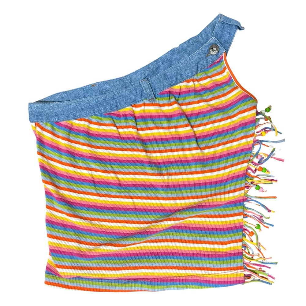 D-G ディーアンドジー ドルチェ-ガッバーナ フリンジビーズ装飾 ボーダー ワンショルダーカットソー S マルチカラー レディース 古着