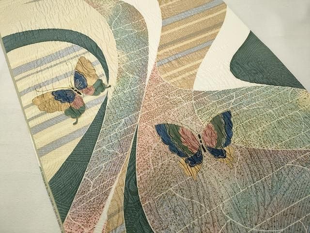 平和屋着物○博多織 鵬翔 全通柄袋帯 ふくれ織 舞蝶文 金銀糸 正絹  