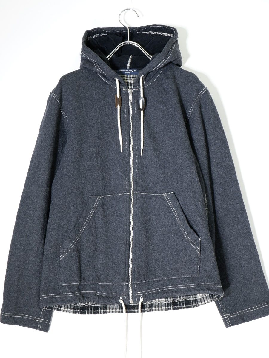 COMME des GARCONS HOMMEコムデギャルソンオム 製品洗い加工ウール縮絨 チェック切替フルジップパーカー【S】【MTSA71153】
