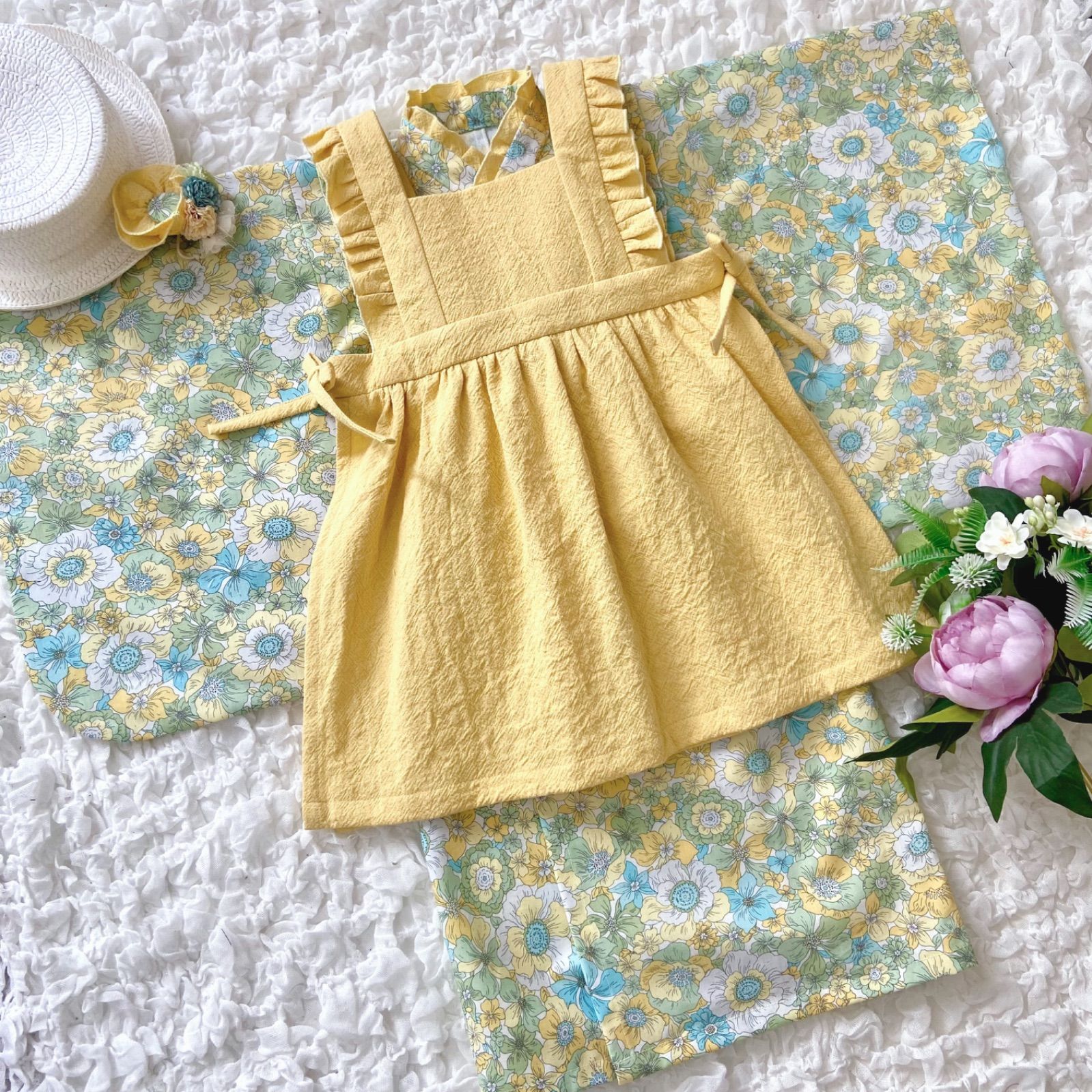 七五三 3歳 女の子 お着物＆被布エプロンセット 花柄イエロー