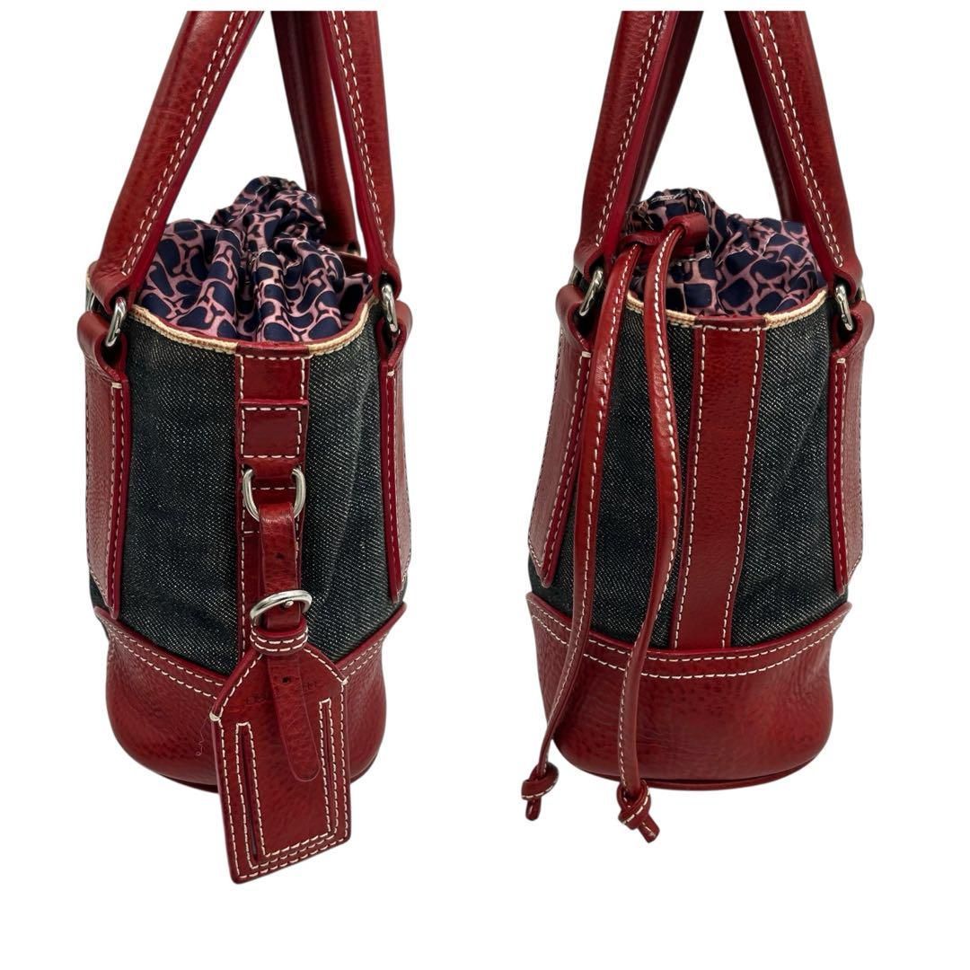 希少 2189 DSQUARED2 ハンドバッグ 巾着 デニム レザー レッド 希少 2189 DSQUARED2 ハンドバッグ 巾着 デニム レザー レッド