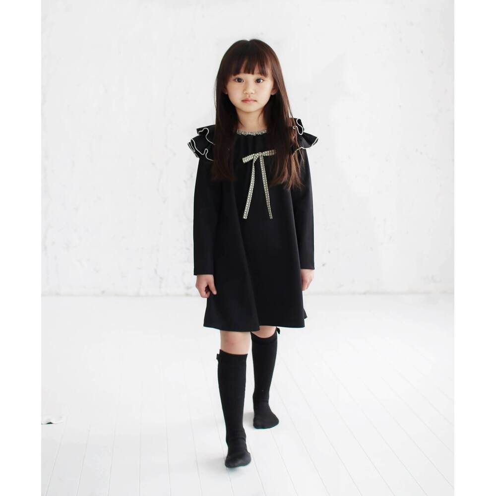 ブラック  140cm  アデルワンピース(2color) キッズ ワンピース 女の子 長袖 キッズワンピース 42122102 長袖ワンピース 冬 秋冬 フリル リボン Aライン レトロワンピース レトロ モダン 大人っぽい 
