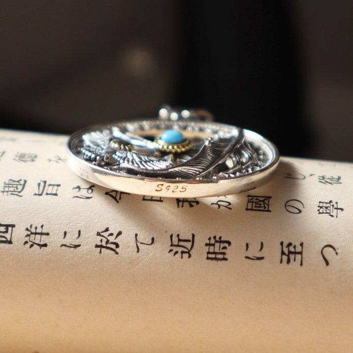 シルバー925 イーグル フェザー 六芒星 ターコイズ コイン型