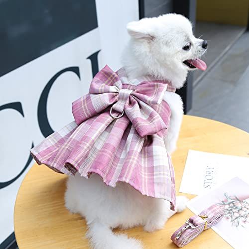 犬の服 ハーネス 小型犬 セーラー服デザインドッグウエアハーネス一体型 1 6 kg リード セットチェック柄JK制服 うさぎ用犬猫服 お散歩お出かけ 服 通気 メッシュ引っ張り防止胴輪ベスト L 体重4ｋｇ 5 5ｋｇ
