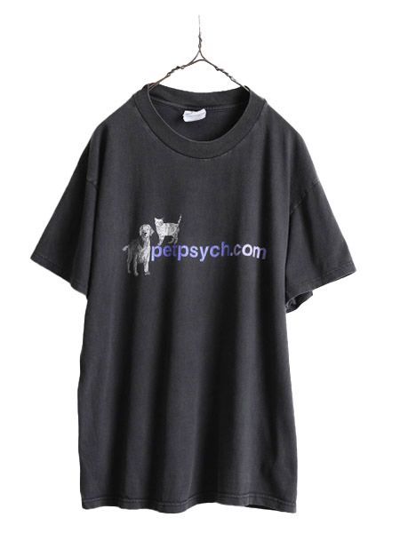 90s アニマル イラスト 企業 プリント 半袖 Tシャツ L 黒 ネコ ドッグ
