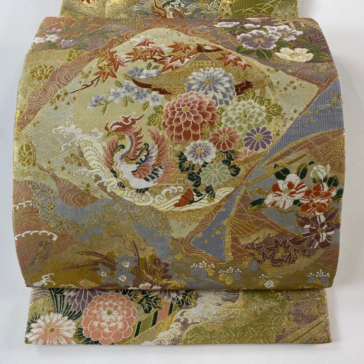 袋帯 秀品 草花 鳥 薄小豆 お太鼓柄 正絹