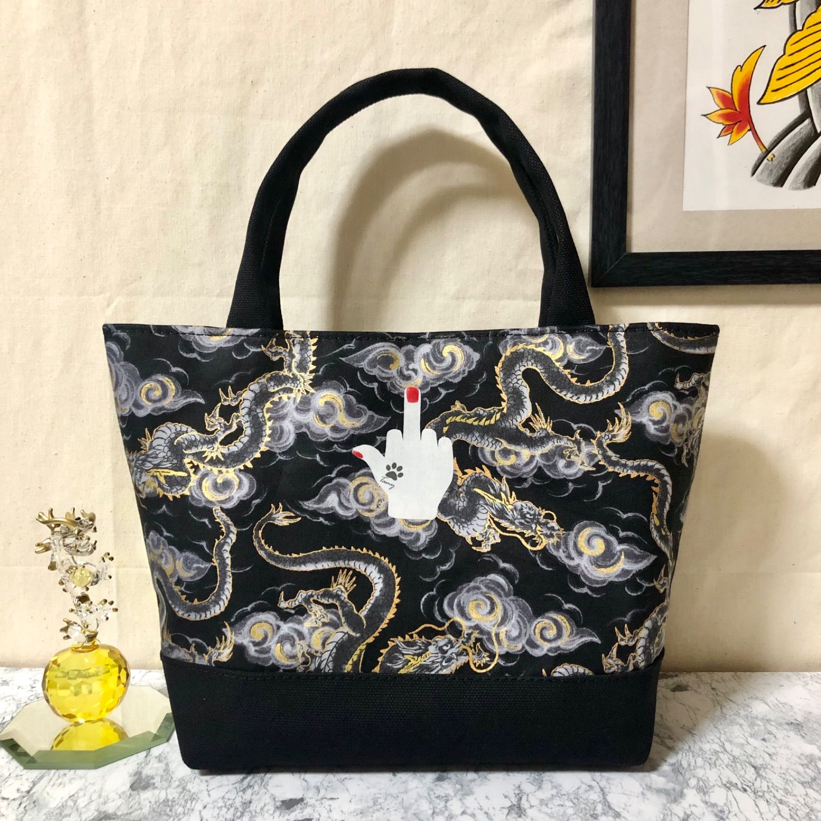 中指ミニトートバッグ ブラック 和柄(龍) ハンドメイド メンズ レディース ハンドバッグ ストリート