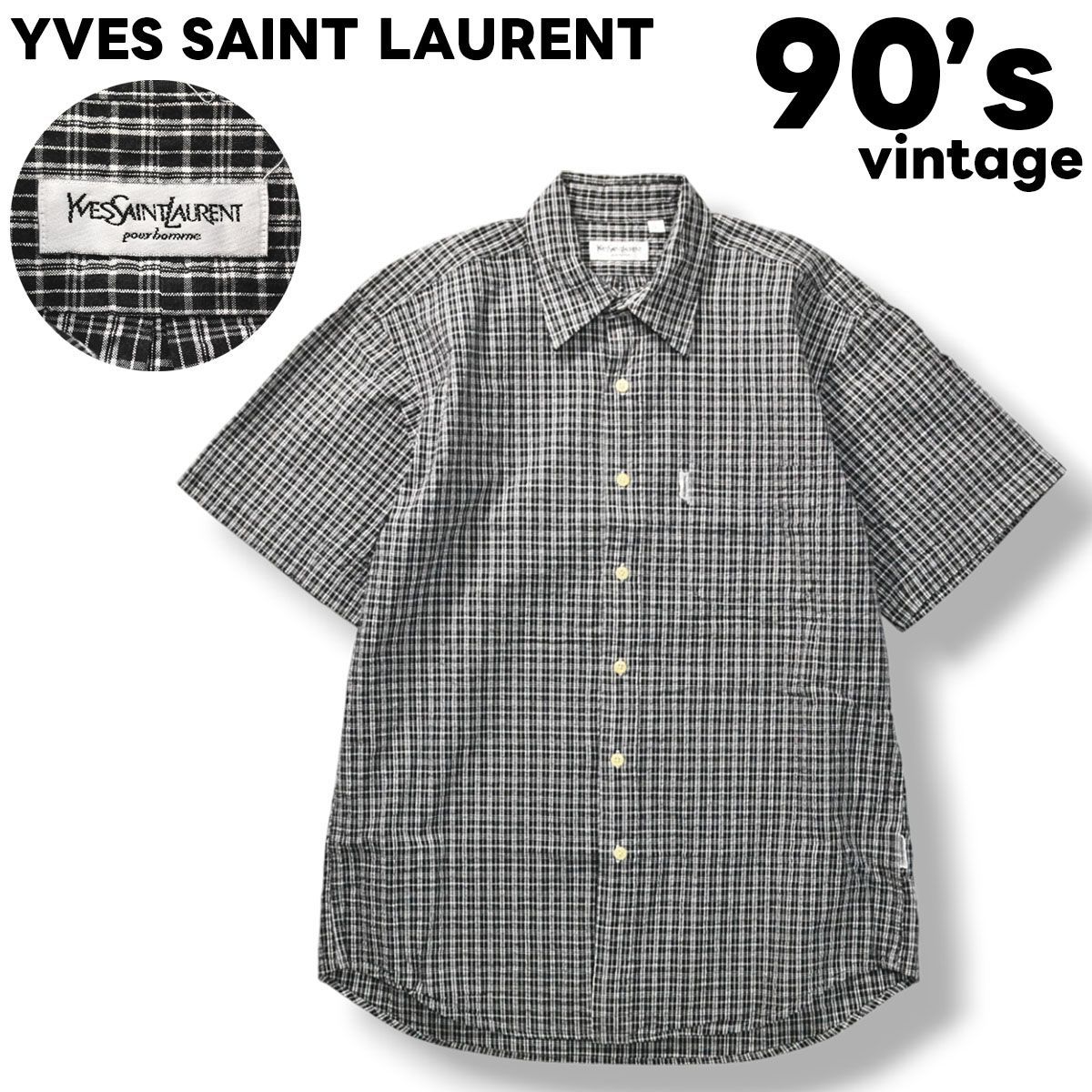 上質 90sヴィンテージ イヴサンローラン YVES SAINT LAURENT 半袖 シアサッカー シャツ L チェック柄 グレー メンズ