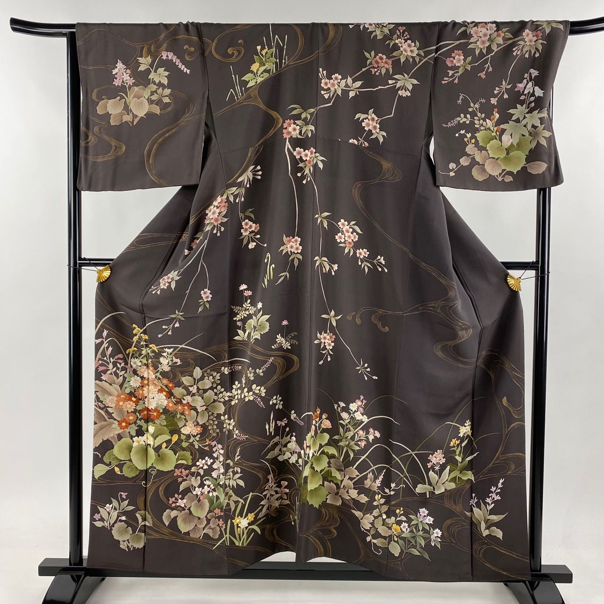 訪問着 身丈157.5cm 裄丈68cm L 袷 草花 流水 金糸 金彩 茶紫 正絹  