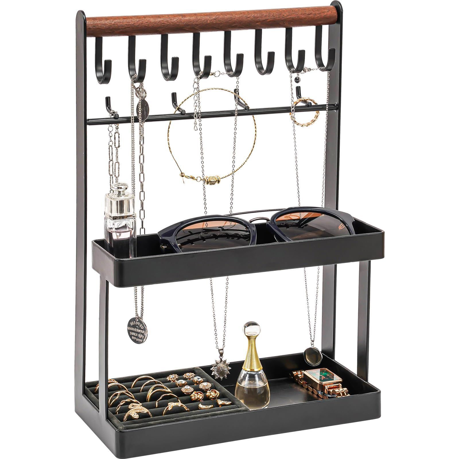 【人気商品】Lolalet ジュエリースタンド アクセサリー収納 指輪ケース付き ネックレス・ブレスレット掛け イアリング・ピアススタンド 鍵・腕時計・香水・サングラス収納トレイ -ブラック