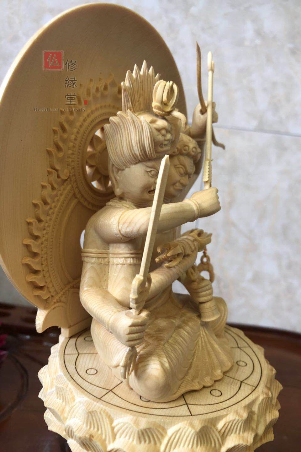 【修縁堂】最高級 木彫仏像 双頭愛染明王座像 一刀彫 天然木檜材 彫刻 仏教工芸彫刻
