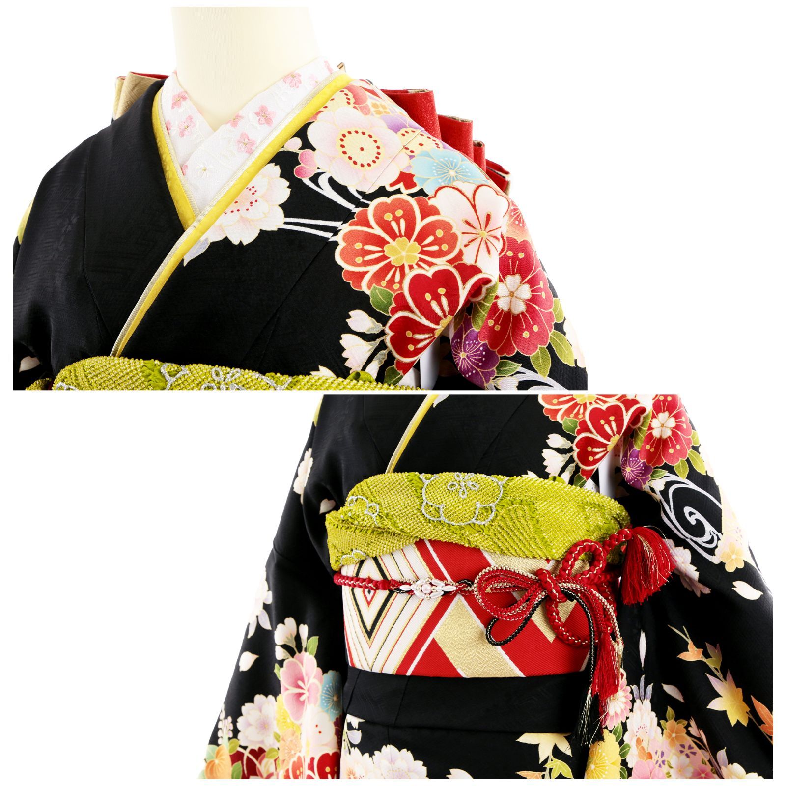 振袖 振袖フルセット 振袖セット USED振袖 中古 黒 古典柄 桜 流水 7点