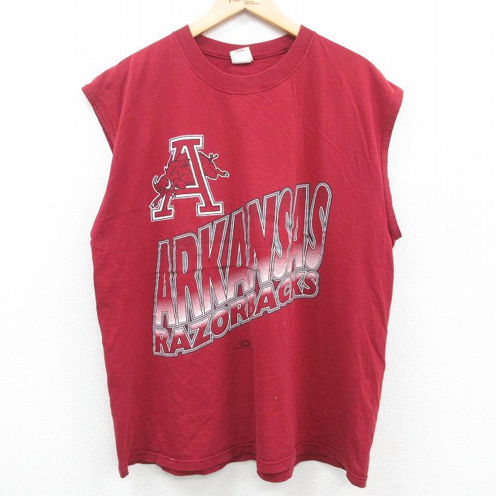 XL/古着 ビンテージ ノースリーブ Tシャツ メンズ 00s ARKANSAS RAZORBACKS 大きいサイズ コットン クルーネック エンジ 23aug29 中古