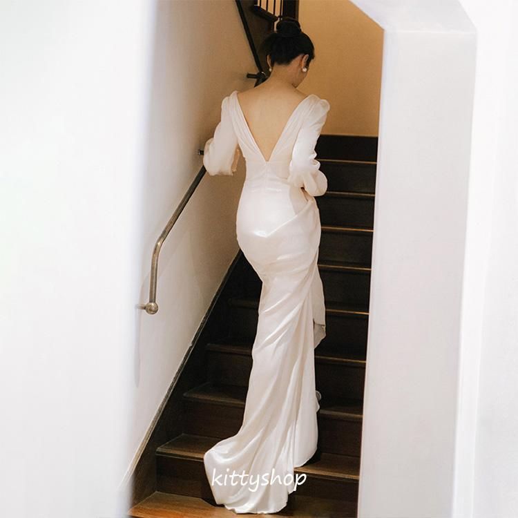 ウェディングドレス 白 サテン 二次会ドレス マーメイドドレス 長袖  