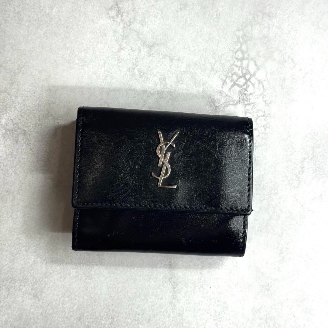 YSL サンローラン カサンドラ 三つ折り財布 ロゴ レザー ブラック 黒
