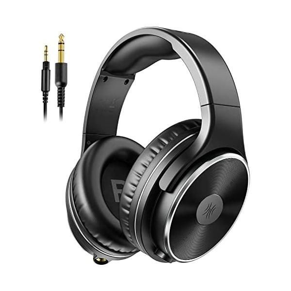 OneOdio ハイレゾ ヘッドホン 有線 HiFi モニターヘッドホン マイク付き 50mmドライバー 二穴接続 密閉型 楽器練習 (Black)