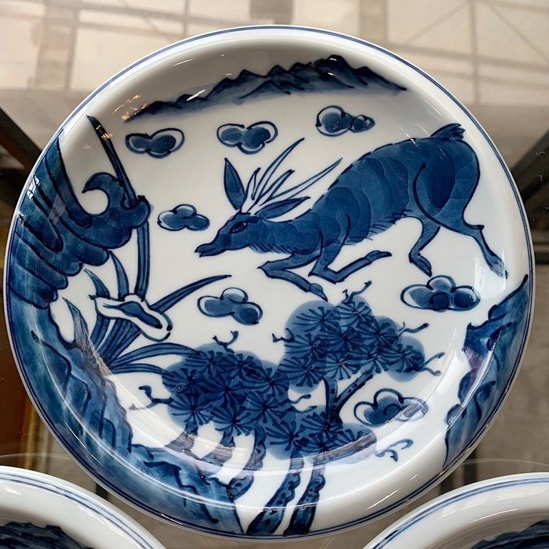 源右衛門 染付鹿山水図 3枚セット 銘々皿 16.5cm 鹿絵 取り皿 ケーキ皿 
