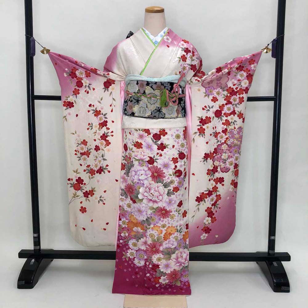 振袖フルセット 裄70cm 身丈173cm 長襦袢セット 総柄 振袖 帯 帯揚げ 