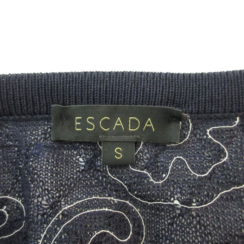 美品 ESCADA エスカーダ テープ刺繍 オープンフロント ニットカーディガン サイズ36 ネイビー ホワイト レディース 古着 中古 美品 ESCADA エスカーダ テープ刺繍 オープンフロント ニット
