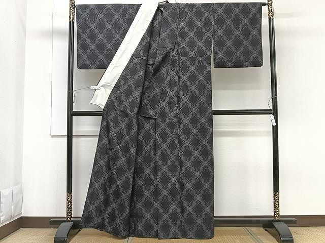 平和屋着物▽上質な紬 単衣 笹文 正絹 逸品 DAAV5022az 平和屋