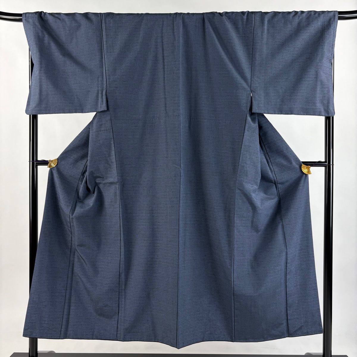 男着物 身丈150cm 裄丈70.5cm L 袷 アンサンブル 生つむぎ 証紙 縞 紺色 正絹 名品