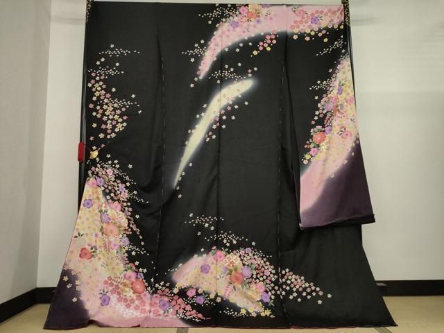 平和屋着物○豪華振袖 辻が花 雪輪花文 暈し染め 黒地 金彩 仮絵