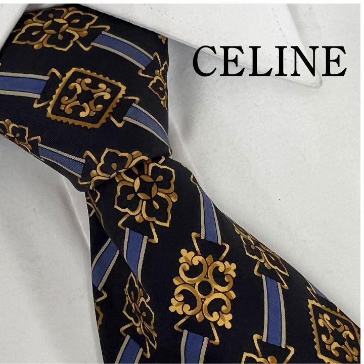 美品》CELINE (セリーヌ) シルクネクタイ 総柄 花 ネイビー