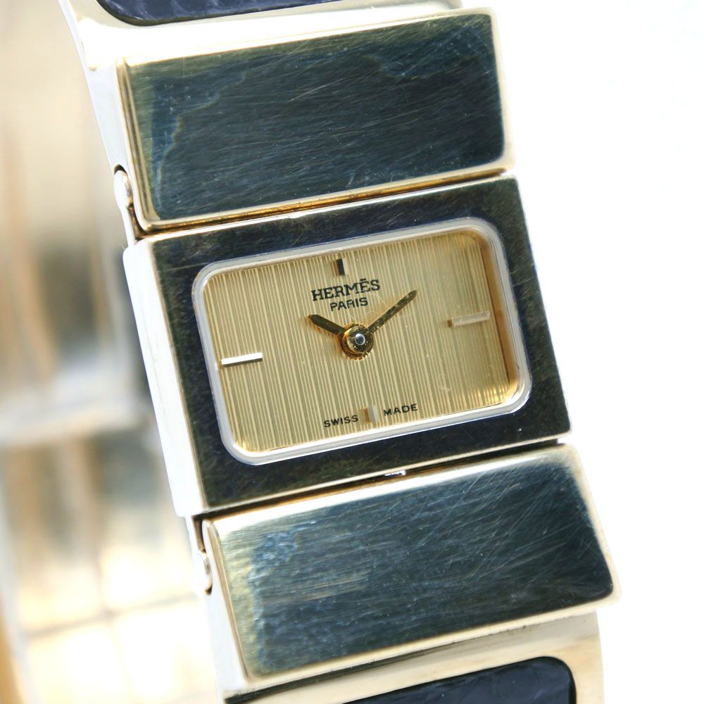 【HERMES】エルメス ロケ L01.201 金メッキ×リザード クオーツ アナログ表示 レディース ゴールド文字盤 腕時計