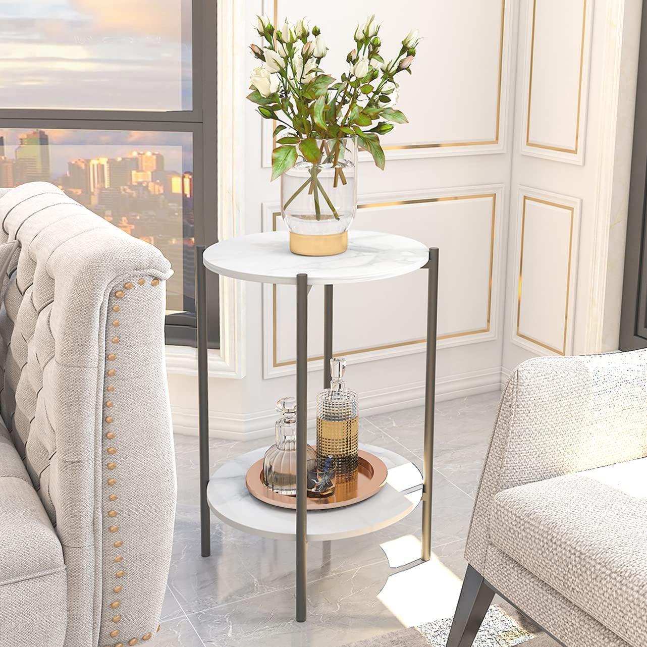 幅40×高さ55cm ナイトテーブル 白 北欧 おしゃれ ベッドサイドテーブル 小さめ 丸型 テーブル ベッド横 ソファ横 大理石 コーヒーテーブル 丸 サイドテーブル UNHO