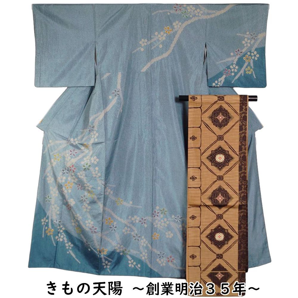 単衣】結城紬 奥順 100亀甲 証紙 萩 竹 小紋 袷 正絹 グレー 1346 単衣