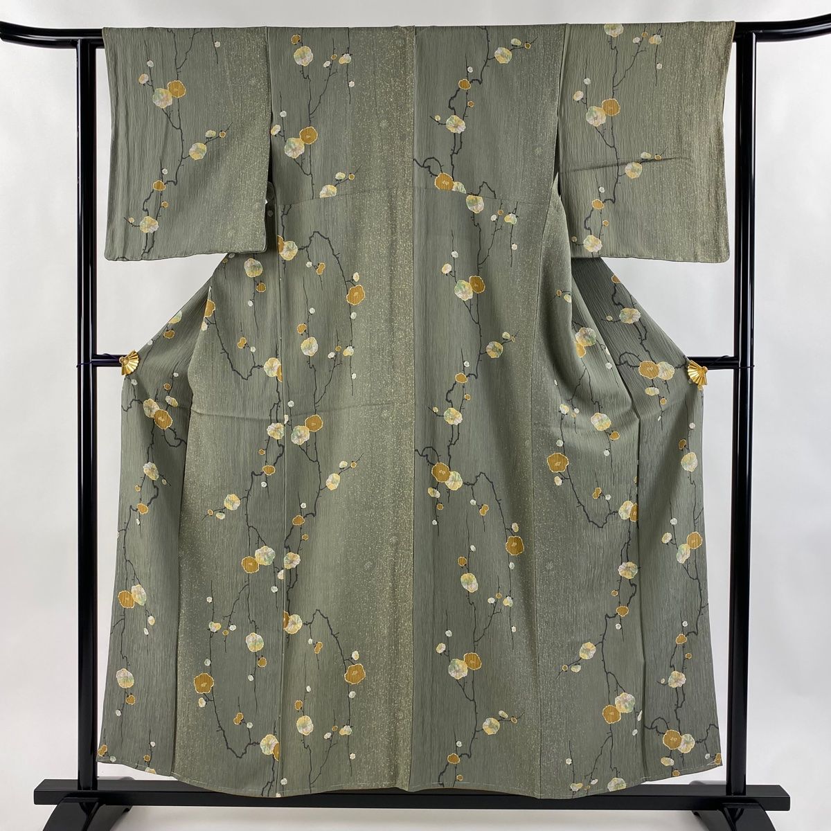 小紋 身丈155cm 裄丈62cm S 袷 枝花 幾何学 金彩 よもぎ色 正絹 秀品