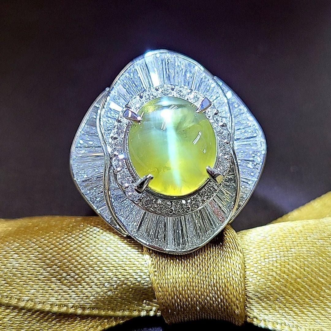 高品質！開運石！ 5ct クリソベリル キャツアイ ダイヤ プラチナ 