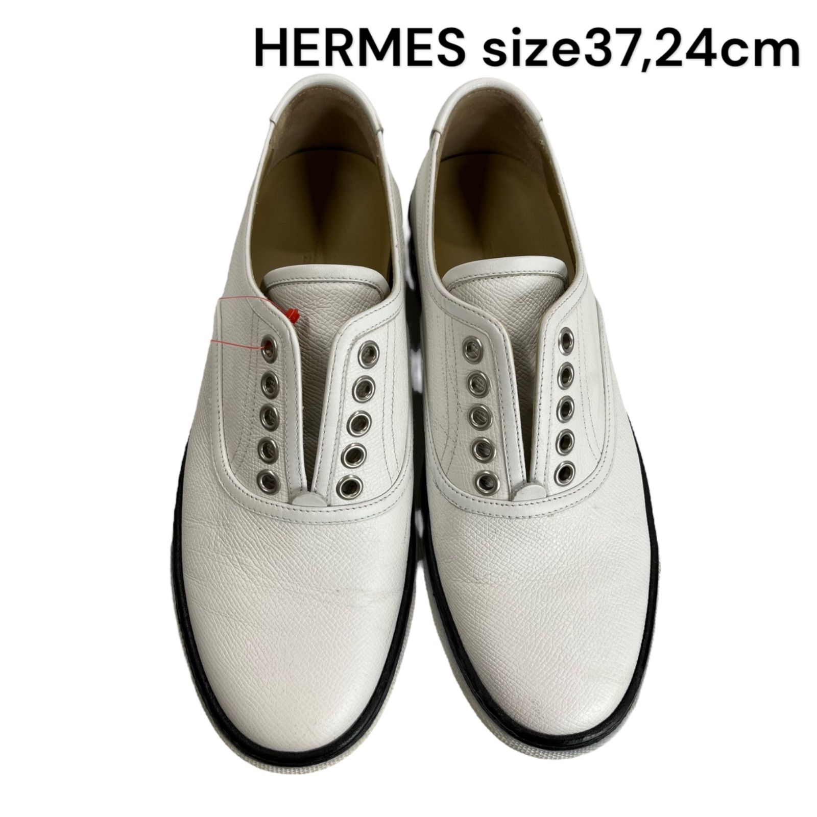 ○エルメス HERMES レザー スニーカー 靴 シューズ ホワイト 37、24cm 