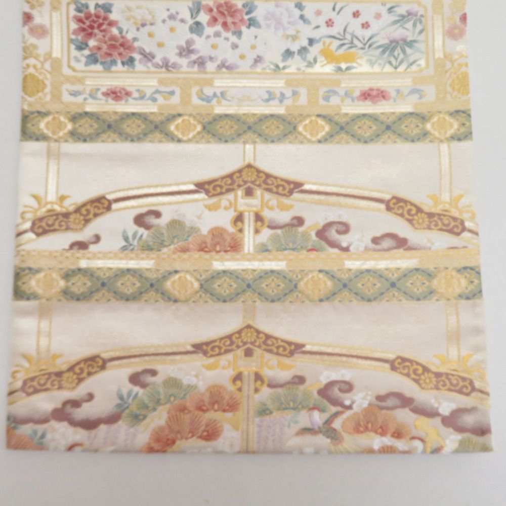 袋帯 花鳥にうさぎ文様 金糸 ゴールドxパステル色 六通柄 正絹