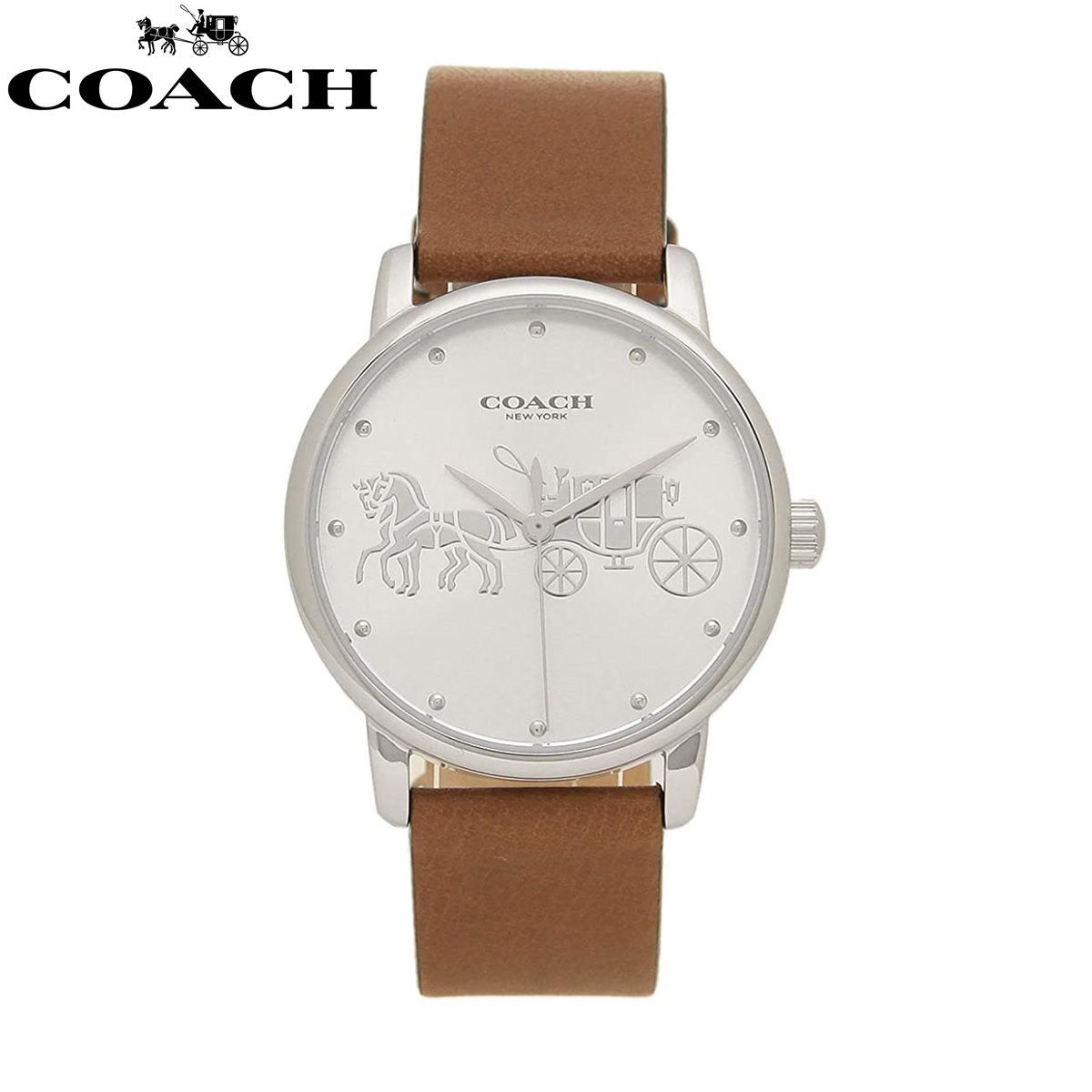 COACH コーチ レディース レディス アナログ ウォッチ 女性 腕時計 14503495 Grand グランド 馬車 ホースアンドキャリッジ シルバーダイアル ブラウン レザーベルト 革ベルト シンプル 薄型 軽量 ビジネスウォッチ