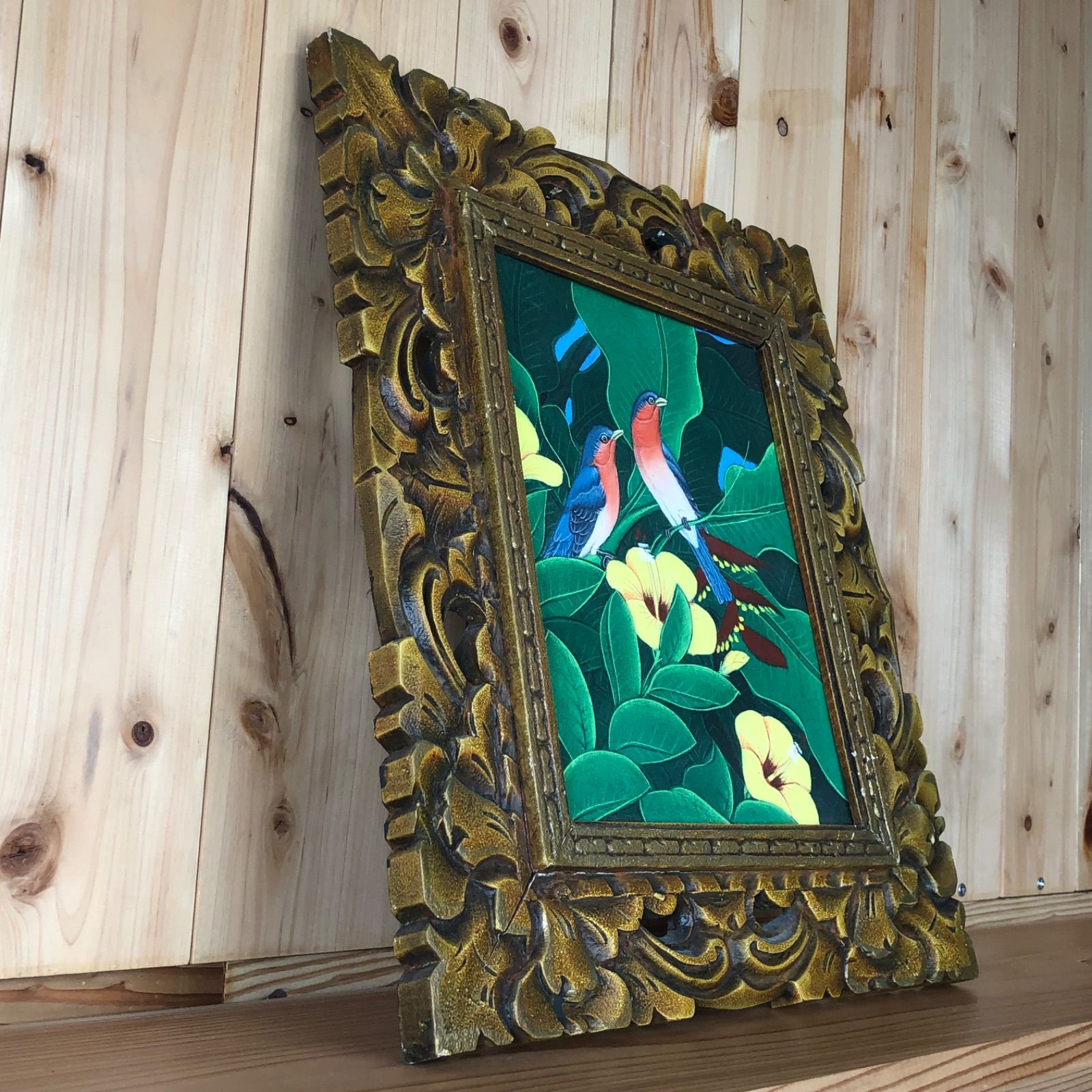 バリ島　絵画　②　バリアート　バリ　アジアン雑貨 ② バリアート バリ島 アジアン雑貨 額付花鳥画 自然 鳥 花 バリ