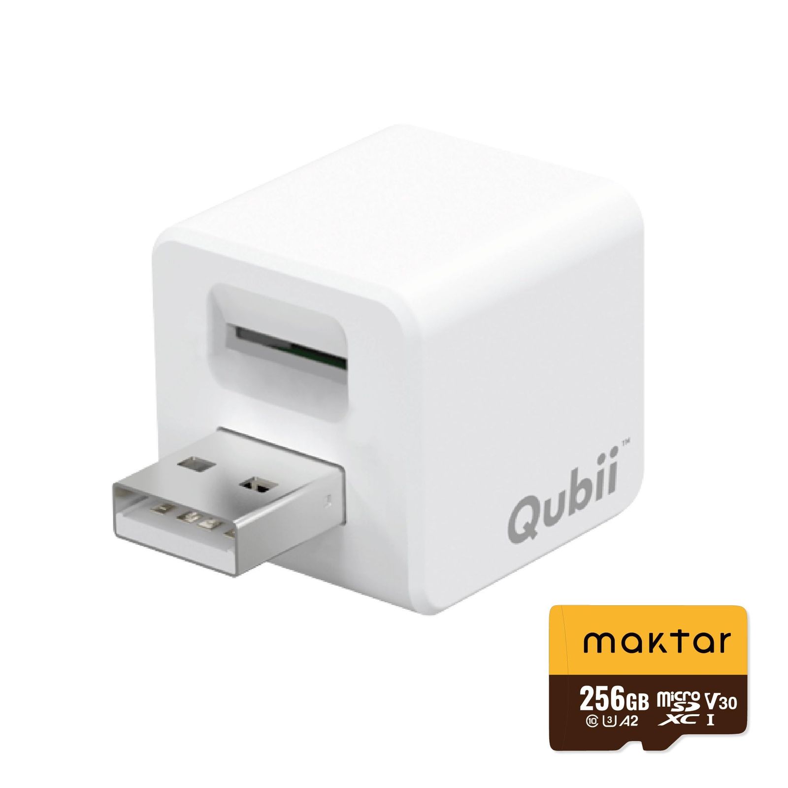 Maktar Qubii (microSD 256GB付) 充電しながら自動バックアップ iphone usbメモリ ipad 容量不足解消 写真 動画 音楽 連絡先 SNS データ 移行 SDカードリーダー 機 [ホワイト] [microSD 256GB付]