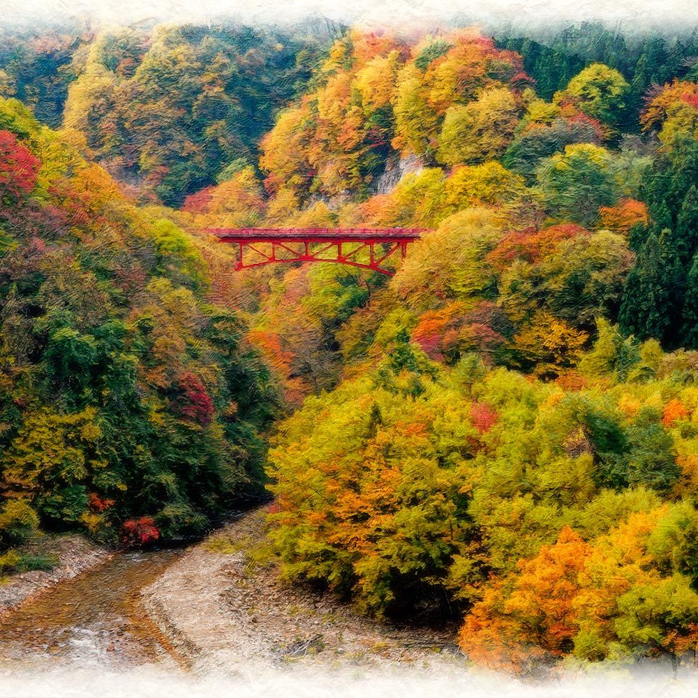 和紙の絵写真 「紅葉の渓谷の赤い橋」 立体額縁付き 31x23cm 絵画