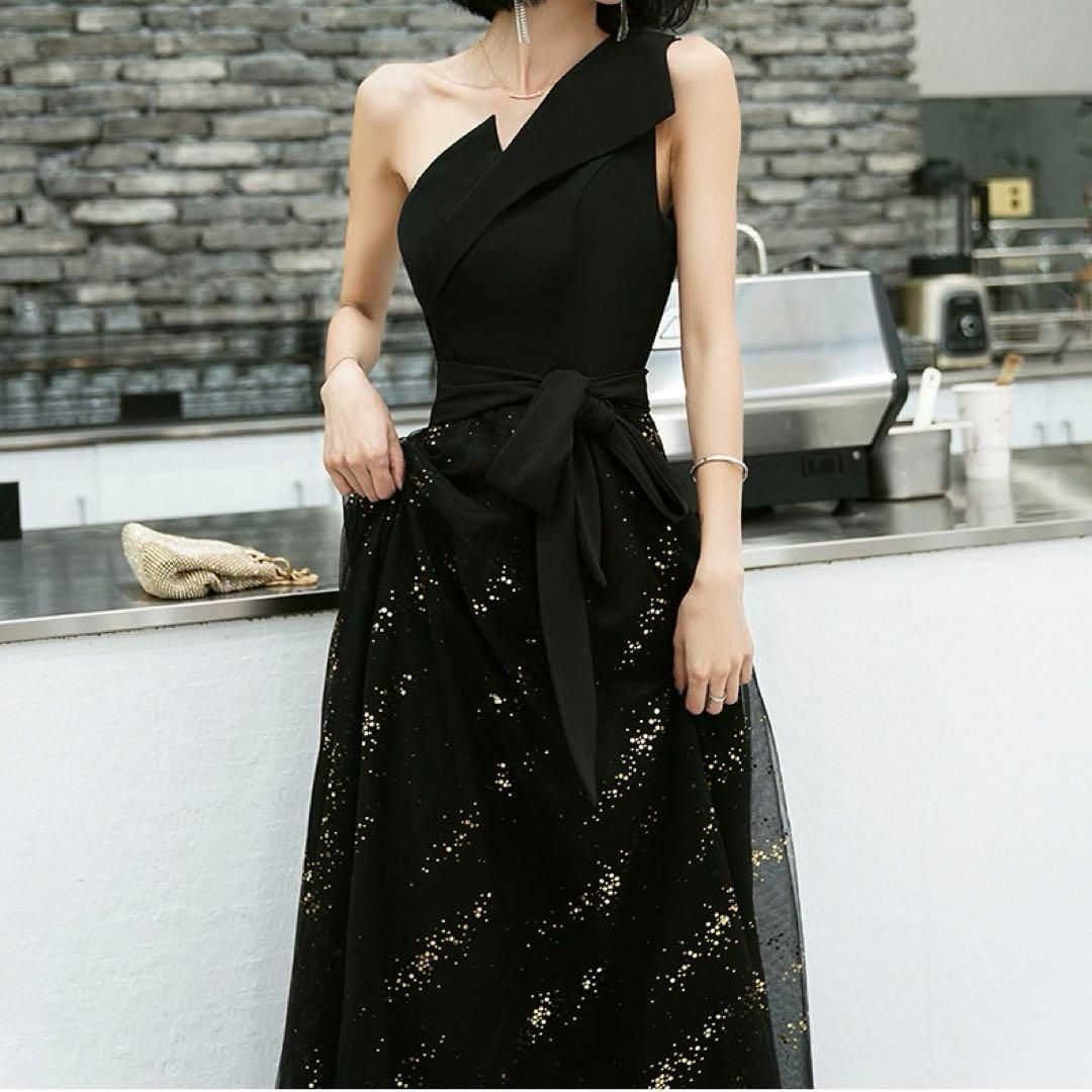 ブラック オシャレなワンショルダーイブニングドレス♩.• 新品未使用 レディースファッション ブラック オシャレなワン
