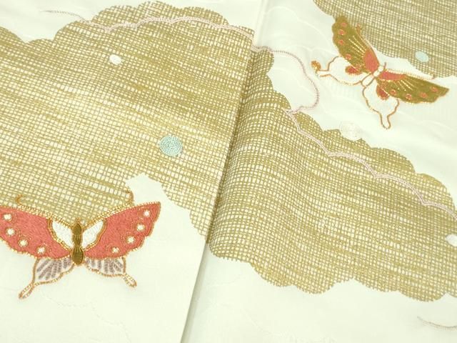 平和屋本店□極上 銀座きしや 訪問着 駒刺繍 雲取り舞蝶文 生成り色地