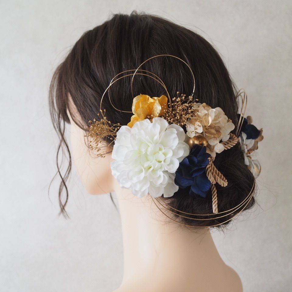 【coquelicot】成人式 髪飾り ダリア 青&times;黄色 ／ ヘッドパーツ 卒業式 前撮り 振袖