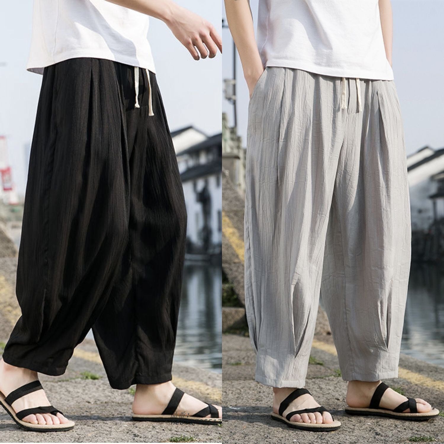 サルエルパンツ ワイドパンツ メンズ 大きいサイズ 夏物 薄手 ウエストゴム リネンパンツ スポーツウェア 美脚 綿麻パンツ カジュアル ハロンパンツ ゆったり