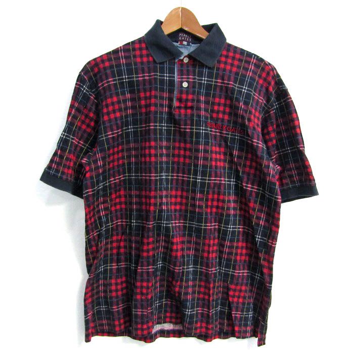 PEARLYGATES 赤チェックポロシャツ　サイズ1 新品未使用品タグ付き秋 パーリーゲイツ ポロシャツ トップス 半袖 チェック柄 ゴルフ