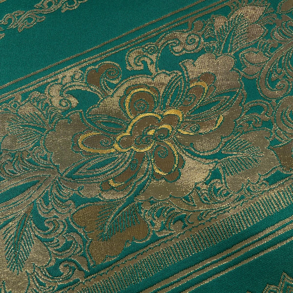 袋帯 秀品 じゅらく 落款 斜縞 草花 本金箔 緑 六通 正絹 【中古