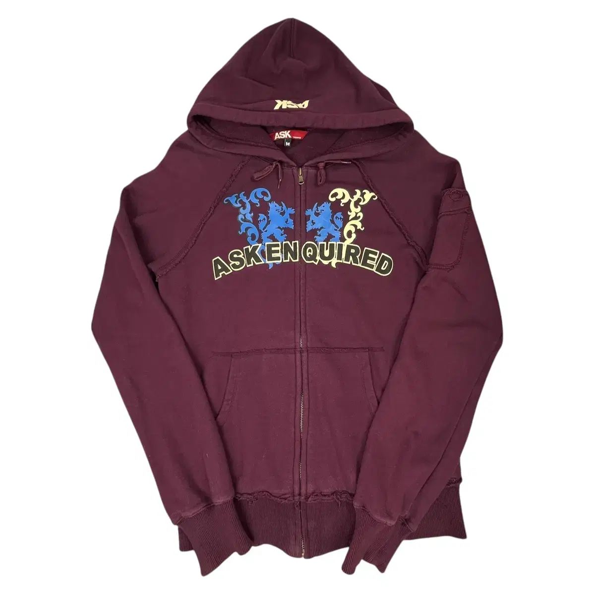 ASK ENQUIRED プリント フード付き ジップアップパーカー バーガンディー