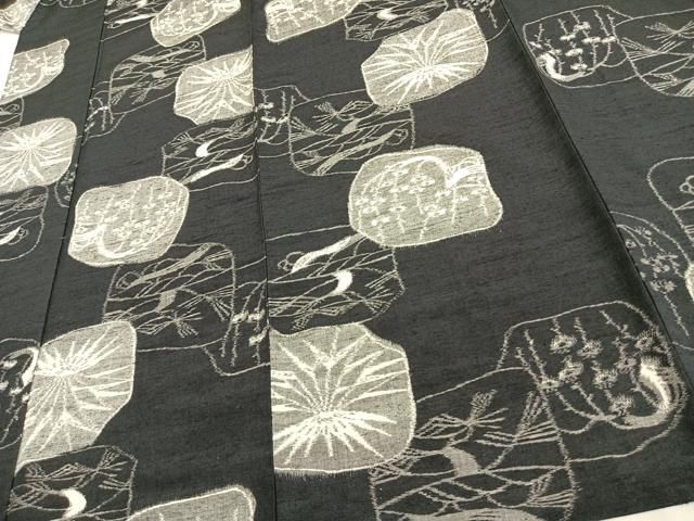 平和屋着物▽小千谷紬 単衣 色紙風景文 黒地 証紙付き 正絹 逸品