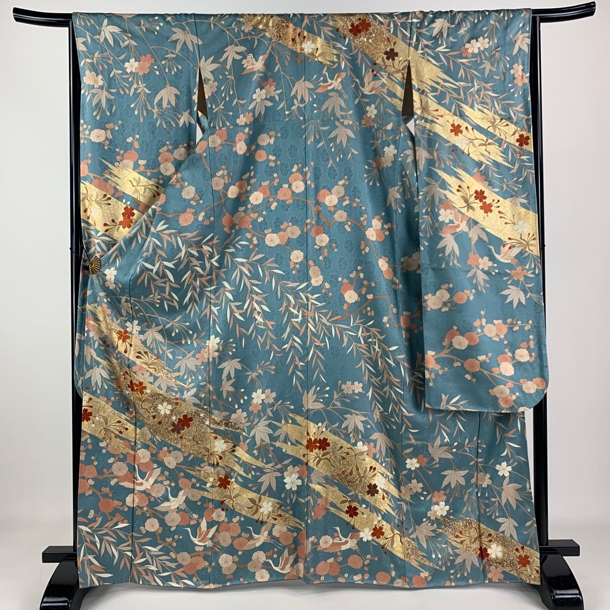 振袖 身丈166.5cm 裄丈65cm M 袷 桜 鶴 金彩 金糸 水色 正絹 名品 【 