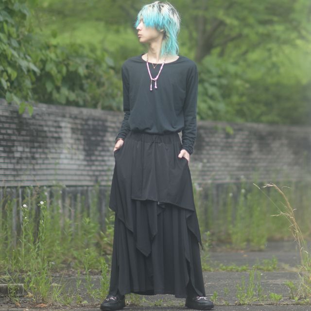 アシメスカート付きサイドスリットワイドパンツ